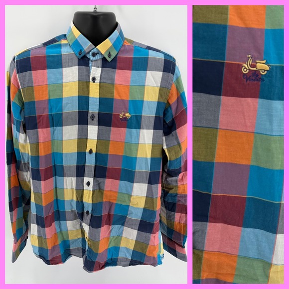 La Vespita Men's Shirt Size 3 M Multicolor Plaid Vespa Logo La Vida Es Guay